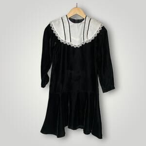 Vintage 1980s Gunne Sax by Jessica McClintock Black Velvet White Collar Girl M/L